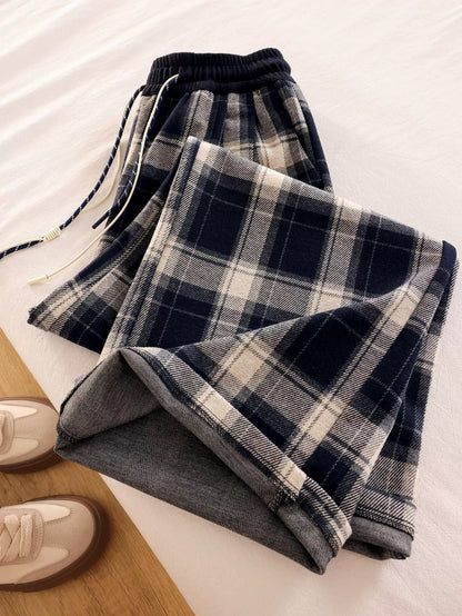 Homemade King Bomb! Magic pants ~ Blue plaid casual pants for women, all-match loose and slim drawstring sports sweatpants