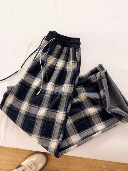 Homemade King Bomb! Magic pants ~ Blue plaid casual pants for women, all-match loose and slim drawstring sports sweatpants