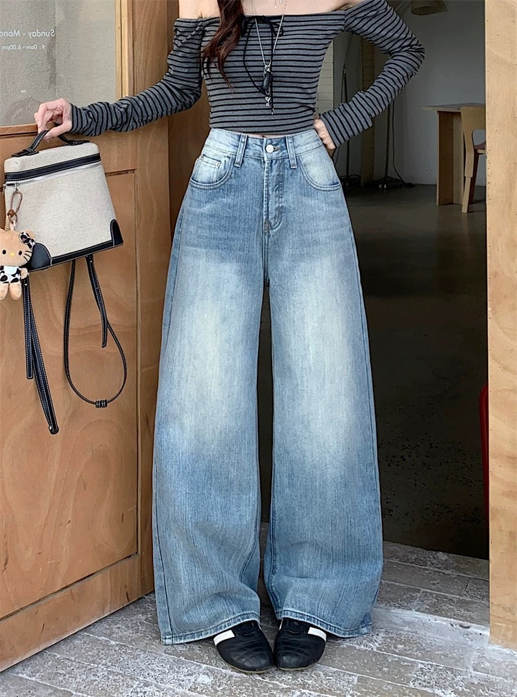 Kumikumi American Retro Distressed Washed Blue Jeans for Women, Winter Slimming Loose Wide-Leg Straight Leg Pants