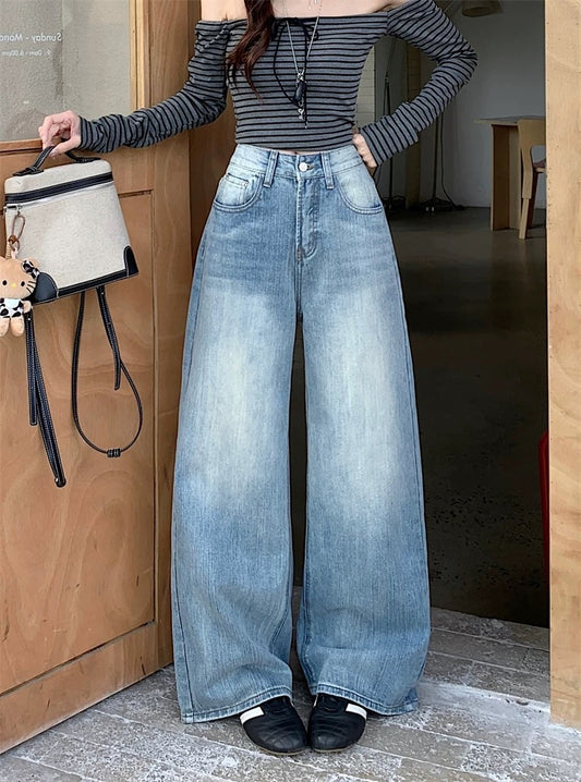 Kumikumi American Retro Distressed Washed Blue Jeans for Women, Winter Slimming Loose Wide-Leg Straight Leg Pants