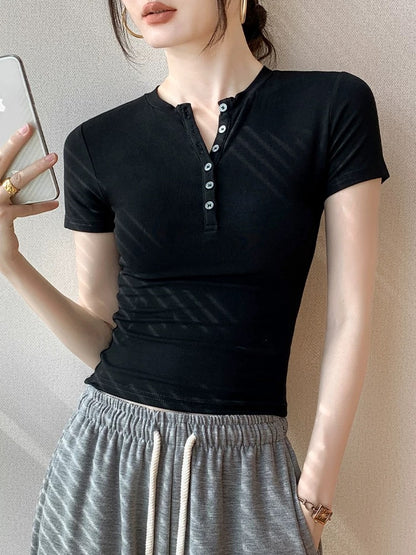Button round neck short-sleeved T-shirt for women 2025 spring new slim fit tops straight shoulder solid color bottoming shirt