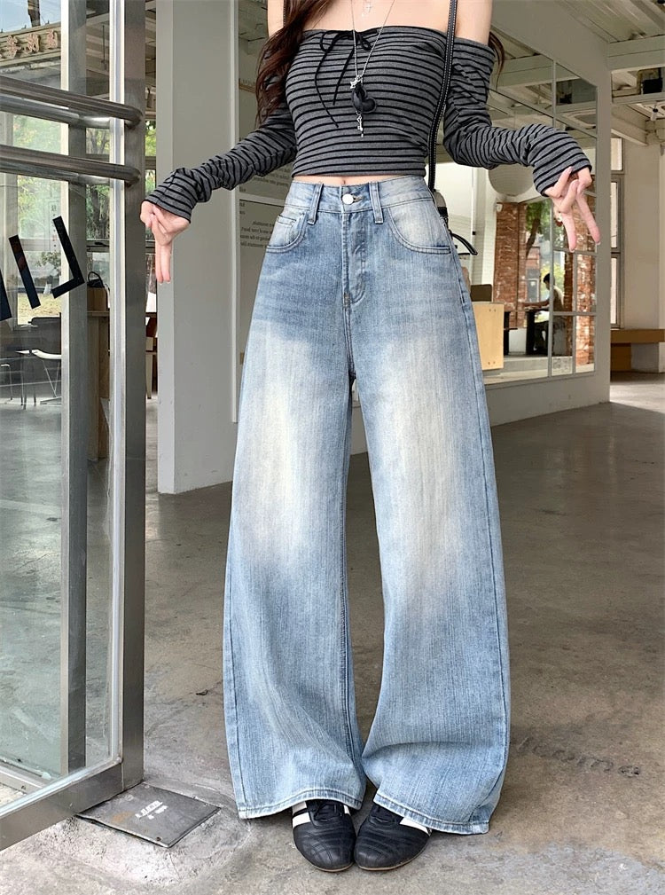 Kumikumi American Retro Distressed Washed Blue Jeans for Women, Winter Slimming Loose Wide-Leg Straight Leg Pants