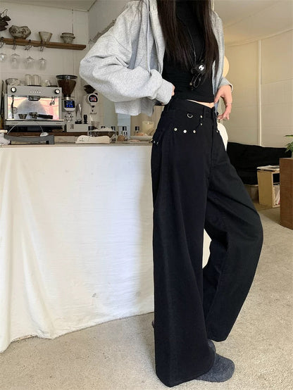 Kumikumi American Style Black Studded High-Waisted Jeans for Women, Autumn/Winter, Loose Fit, Slimming, Versatile Wide-Leg Pants