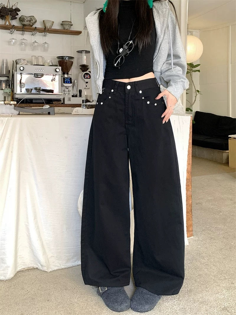Kumikumi American Style Black Studded High-Waisted Jeans for Women, Autumn/Winter, Loose Fit, Slimming, Versatile Wide-Leg Pants