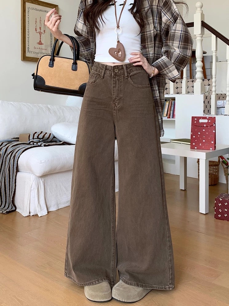 Kumikumi American Retro Brown Jeans Wide-Leg Pants Women's Winter High-Waisted Loose Versatile Floor-Length Pants