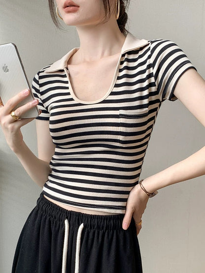 Lapel striped short-sleeved T-shirt for women 2025 spring new pure cotton unique small top high-end bottoming shirt
