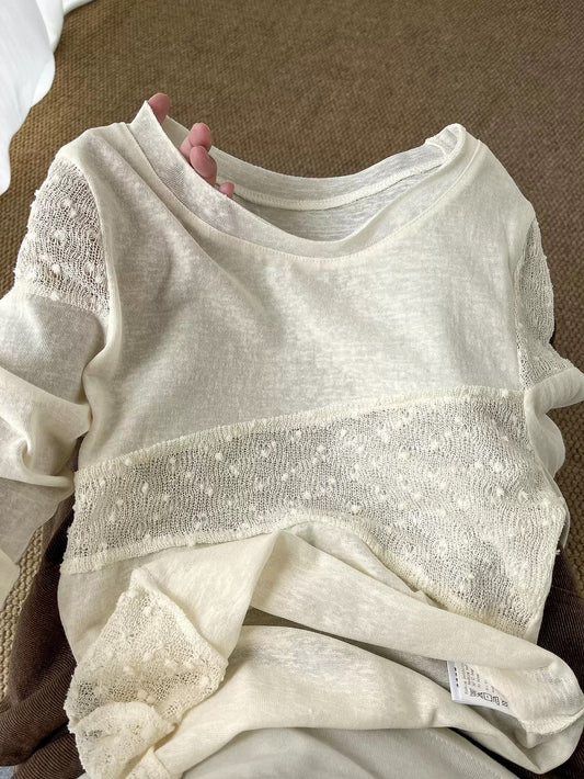 Can be salty or sweet~very stylish! ! Irregular straight shoulder T-shirt for women, new style for spring, inner wear and outer wear, spliced lace blouse