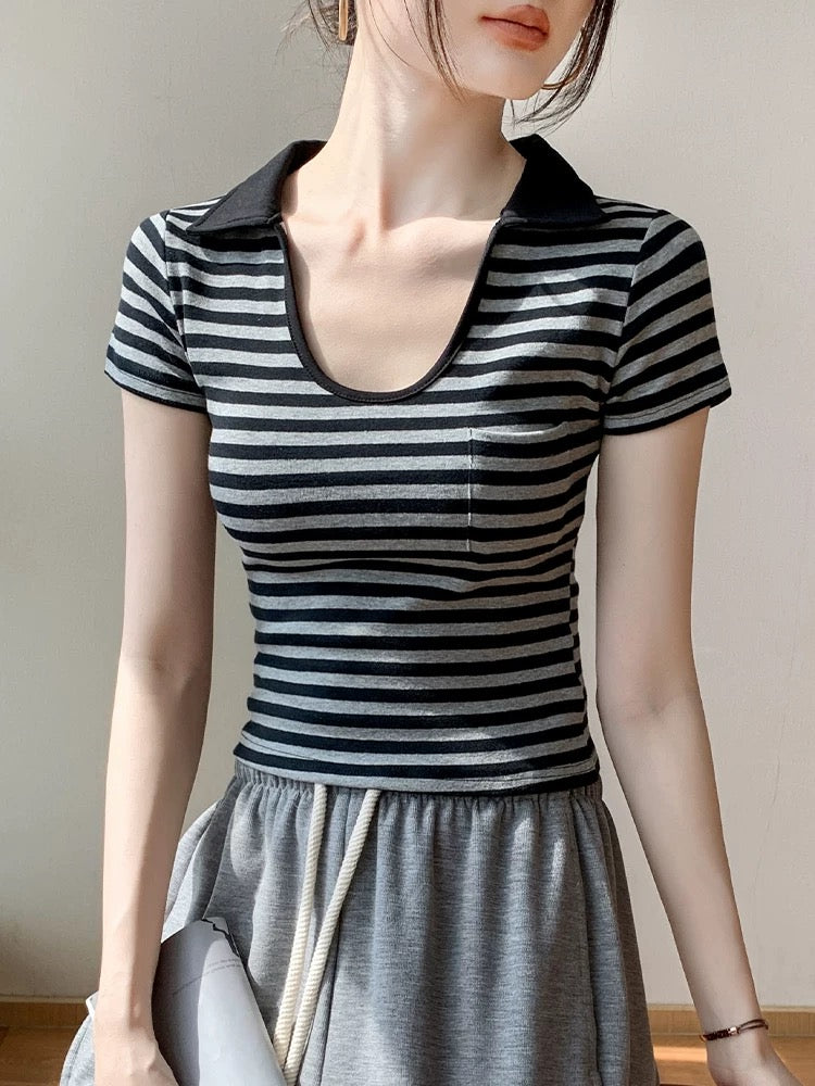 Lapel striped short-sleeved T-shirt for women 2025 spring new pure cotton unique small top high-end bottoming shirt