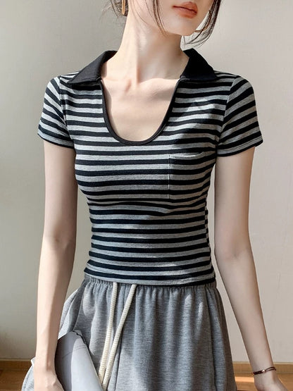 Lapel striped short-sleeved T-shirt for women 2025 spring new pure cotton unique small top high-end bottoming shirt