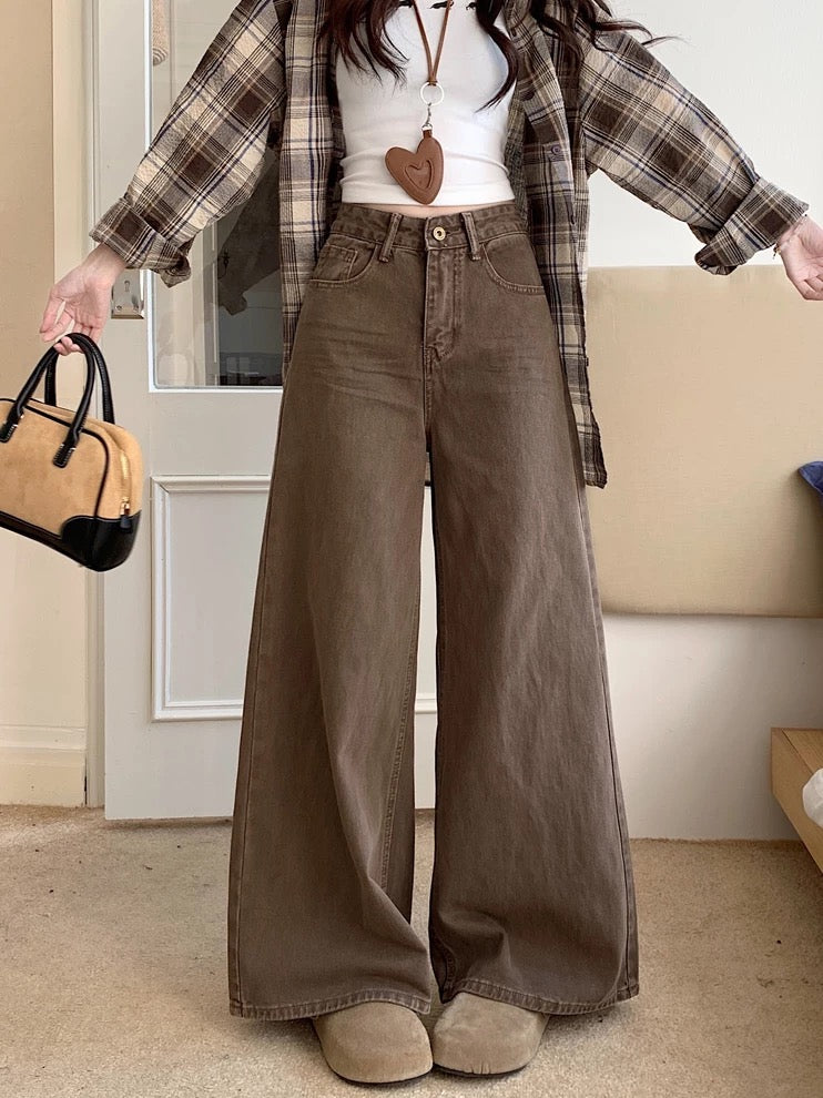 Kumikumi American Retro Brown Jeans Wide-Leg Pants Women's Winter High-Waisted Loose Versatile Floor-Length Pants