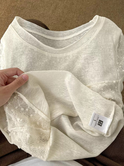 Can be salty or sweet~very stylish! ! Irregular straight shoulder T-shirt for women, new style for spring, inner wear and outer wear, spliced lace blouse