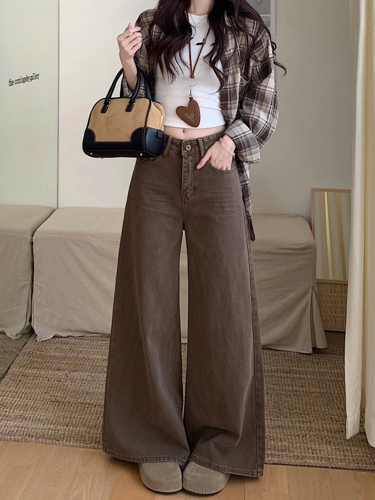 Kumikumi American Retro Brown Jeans Wide-Leg Pants Women's Winter High-Waisted Loose Versatile Floor-Length Pants