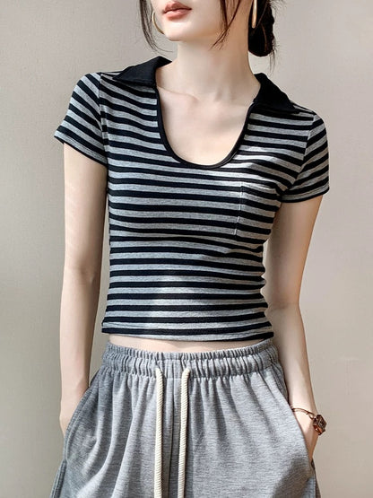 Lapel striped short-sleeved T-shirt for women 2025 spring new pure cotton unique small top high-end bottoming shirt