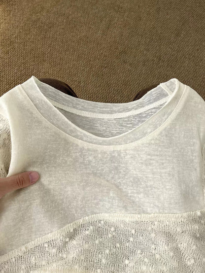 Can be salty or sweet~very stylish! ! Irregular straight shoulder T-shirt for women, new style for spring, inner wear and outer wear, spliced lace blouse