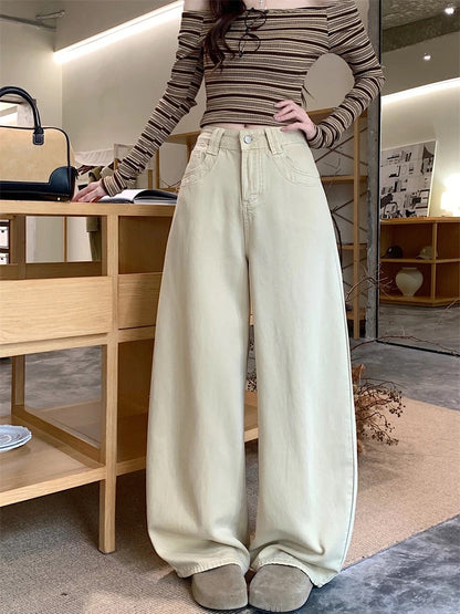 Kumikumi American Retro Embroidery Design Khaki Jeans for Women, Autumn/Winter, Loose Fit, Slimming, Versatile Curved Pants