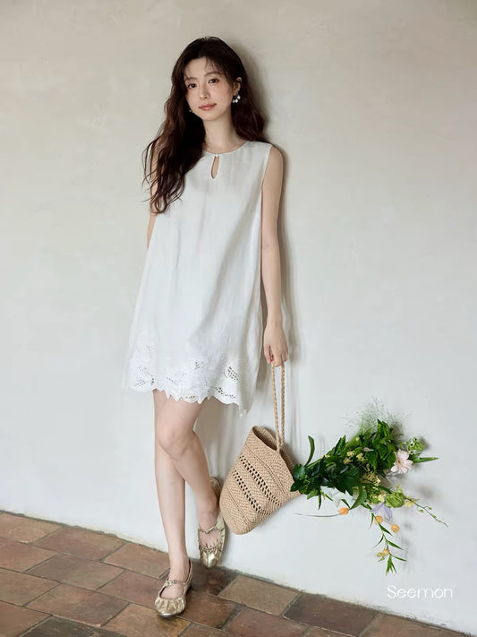Ximeng 2026 New Summer Korean-Style Sleeveless Jacquard Mini Dress – Loose, Slimming, White, Elegant