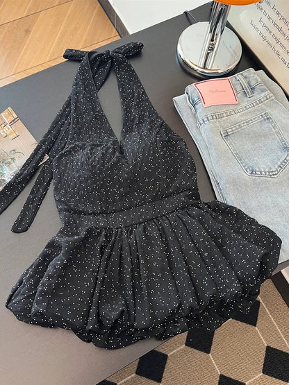 Jade Closet direct store recommendation ~ Pure desire style design pleated polka dot with chest pad halter neck vest