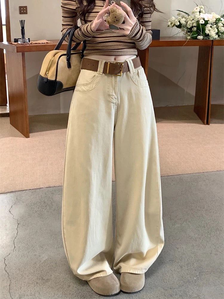 Kumikumi American Retro Embroidery Design Khaki Jeans for Women, Autumn/Winter, Loose Fit, Slimming, Versatile Curved Pants