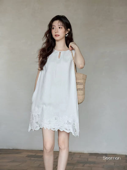 Ximeng 2026 New Summer Korean-Style Sleeveless Jacquard Mini Dress – Loose, Slimming, White, Elegant