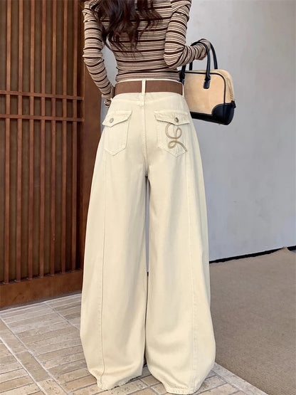 Kumikumi American Retro Embroidery Design Khaki Jeans for Women, Autumn/Winter, Loose Fit, Slimming, Versatile Curved Pants