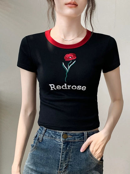 Gebeishang white short-sleeved T-shirt for women 2025 summer rose embroidery design straight shoulder short round neck top