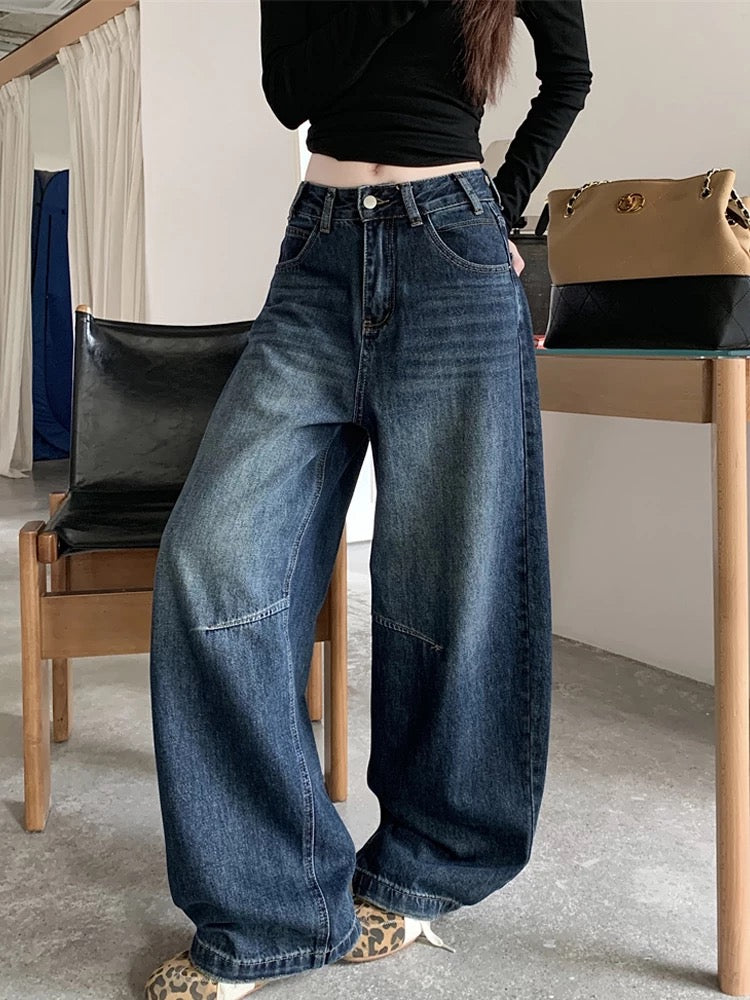 American retro washed wide-leg jeans, 2025 autumn new style, high-waisted, loose, straight leg, chic.
