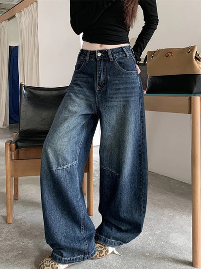 American retro washed wide-leg jeans, 2025 autumn new style, high-waisted, loose, straight leg, chic.