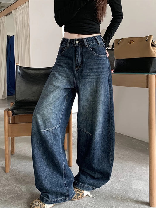 American retro washed wide-leg jeans, 2025 autumn new style, high-waisted, loose, straight leg, chic.