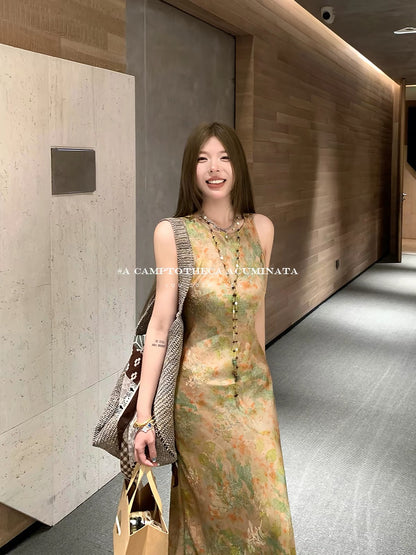 LUU Tao Xi Er / Xiangyunsha (Gambiered Guangdong Silk) New Chinese-Style Sleeveless Dress – Women's Summer Printed Maxi Dress with Unique Design