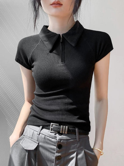 Korean fashion POLO collar straight shoulder short-sleeved T-shirt for women with zipper, slim fit, solid color, simple, niche and unique tops