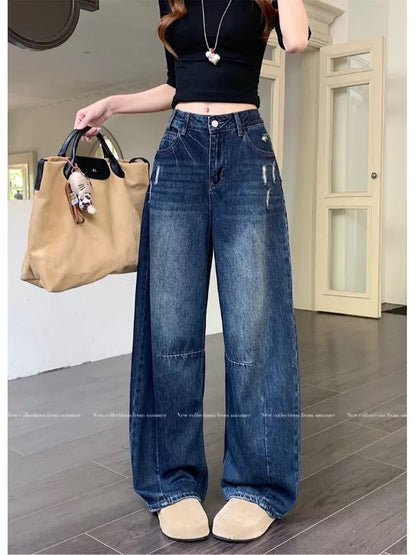 American retro style washed high-waisted jeans for women, autumn and winter 2025 new style, loose fit, slimming, versatile, curved blade fashion pants.