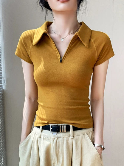Korean fashion POLO collar straight shoulder short-sleeved T-shirt for women with zipper, slim fit, solid color, simple, niche and unique tops
