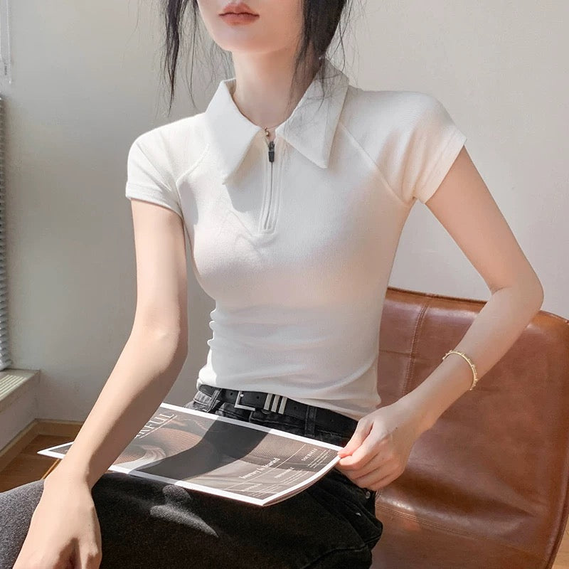Korean fashion POLO collar straight shoulder short-sleeved T-shirt for women with zipper, slim fit, solid color, simple, niche and unique tops