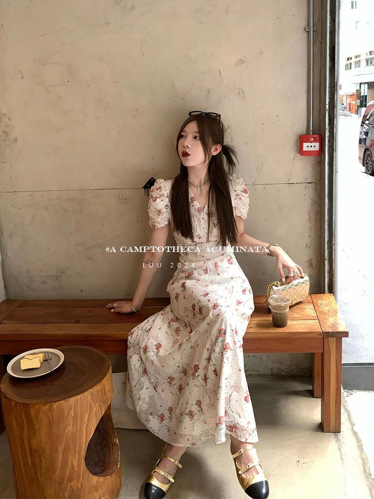 LUU Tao Xi'er – Women's Summer French-Style Floral V-Neck Dress with Puff Sleeves (Begonia Print) – Elegant & Chic Design
