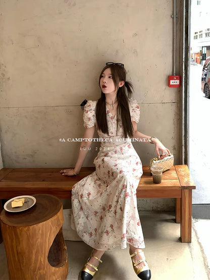 LUU Tao Xi'er – Women's Summer French-Style Floral V-Neck Dress with Puff Sleeves (Begonia Print) – Elegant & Chic Design