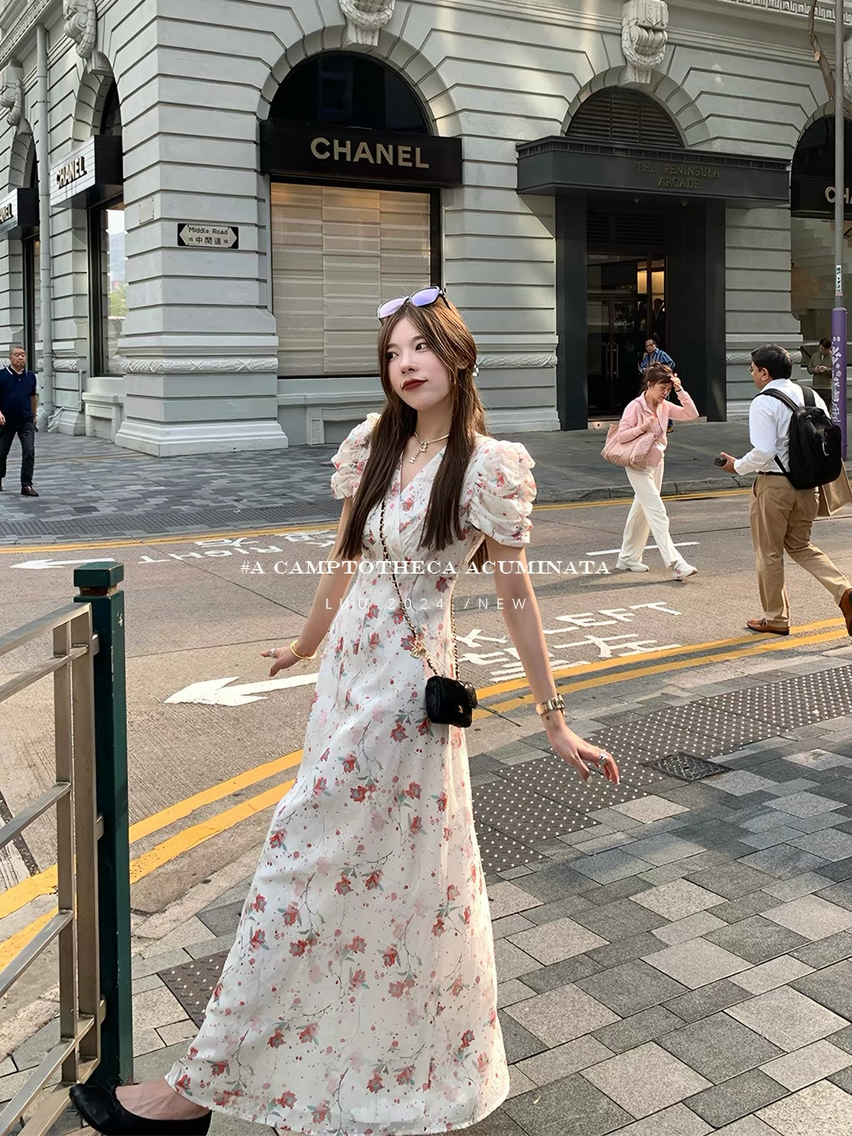 LUU Tao Xi'er – Women's Summer French-Style Floral V-Neck Dress with Puff Sleeves (Begonia Print) – Elegant & Chic Design