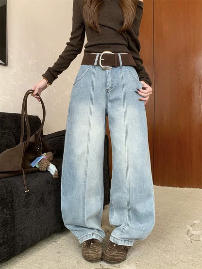 PPHOME Fleece-Lined Thickened Design Patchwork Jeans for Women, Winter Scimitar-Shaped Blue High-Waisted Straight Leg Wide-Leg Pants