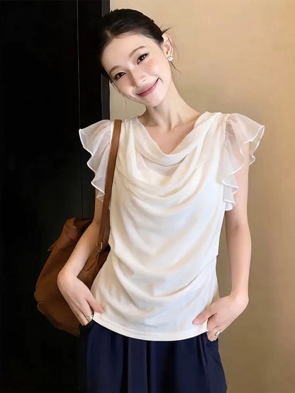Women's Summer French-Style Cowl-Neck Top with Ruffled Sleeves – Unique, Sophisticated, Affordable Luxury, Youthful Appeal (White)
