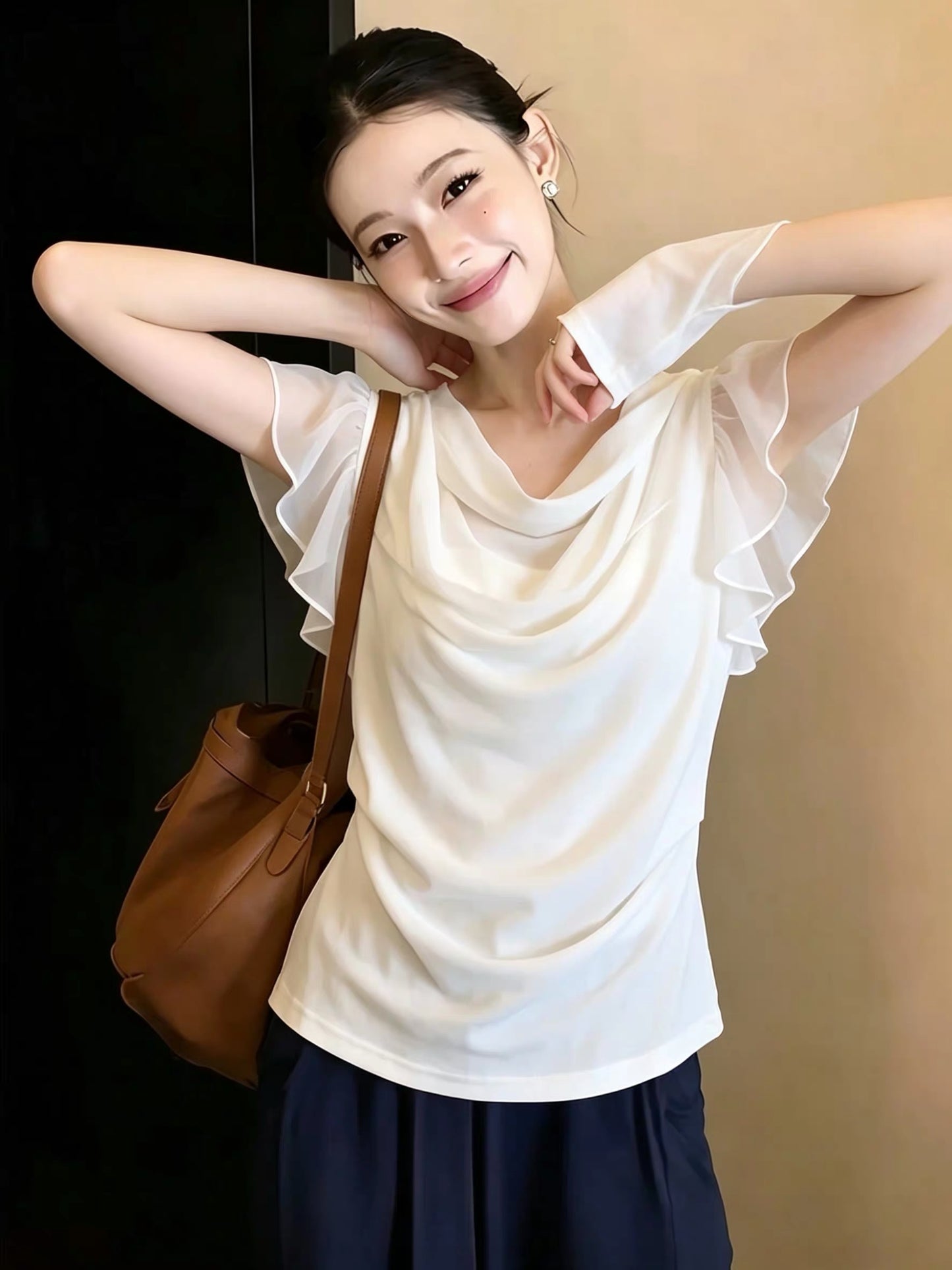 Women's Summer French-Style Cowl-Neck Top with Ruffled Sleeves – Unique, Sophisticated, Affordable Luxury, Youthful Appeal (White)
