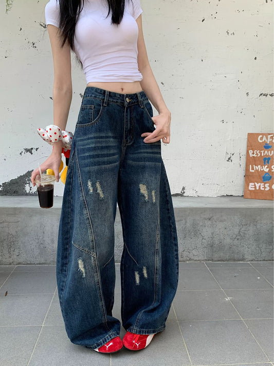 American retro distressed wide-leg jeans for women, autumn 2025 new style, loose fit, slimming, versatile high-waisted pants