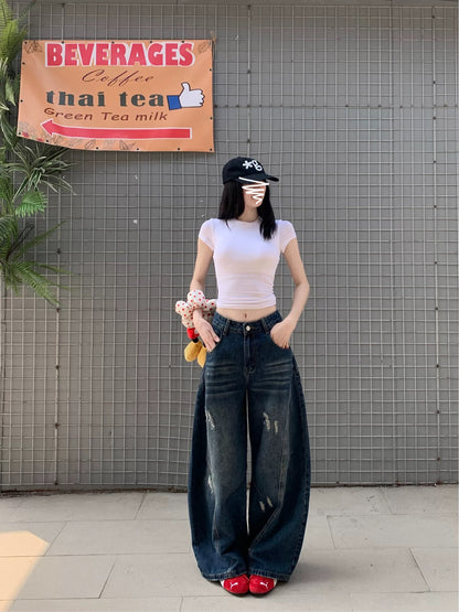 American retro distressed wide-leg jeans for women, autumn 2025 new style, loose fit, slimming, versatile high-waisted pants