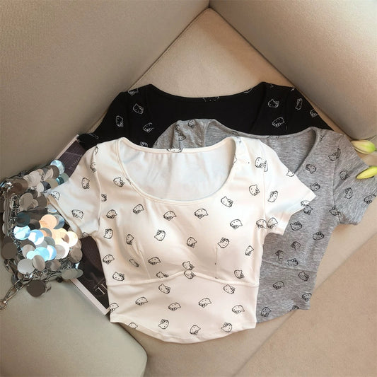 Jade Closet direct store recommendation ~ Small pure desire style cute cat with chest pad short-sleeved T-shirt small shirt