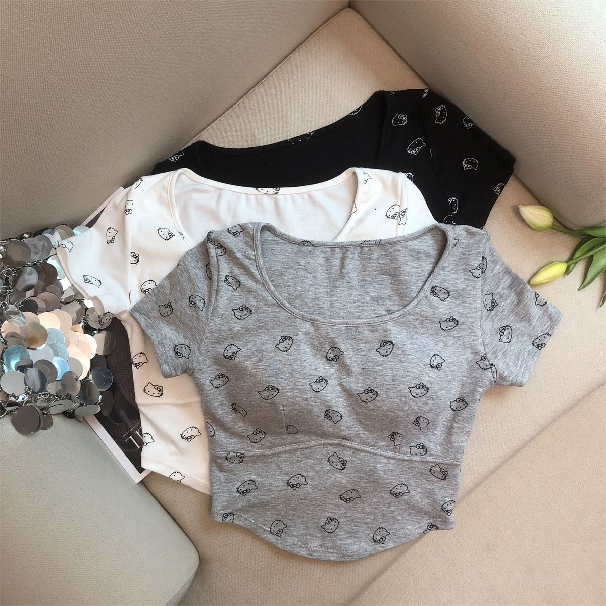 Jade Closet direct store recommendation ~ Small pure desire style cute cat with chest pad short-sleeved T-shirt small shirt