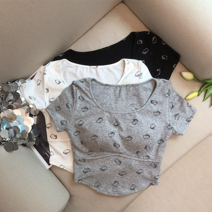 Jade Closet direct store recommendation ~ Small pure desire style cute cat with chest pad short-sleeved T-shirt small shirt