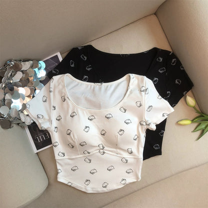 Jade Closet direct store recommendation ~ Small pure desire style cute cat with chest pad short-sleeved T-shirt small shirt