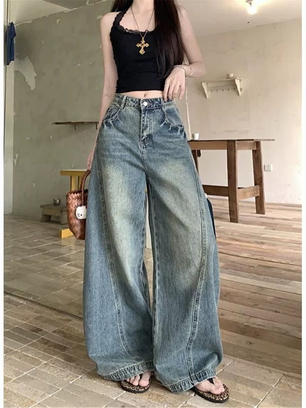 Retro high-street washed denim jeans for women, autumn 2025 new style, patchwork high-waisted wide-leg loose versatile floor-length trousers.
