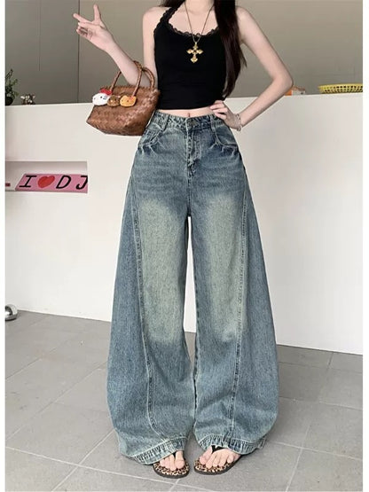 Retro high-street washed denim jeans for women, autumn 2025 new style, patchwork high-waisted wide-leg loose versatile floor-length trousers.