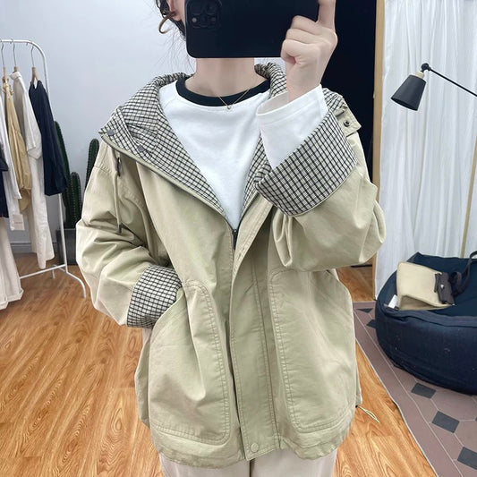 Autumn design sense large pocket pure cotton loose jacket women's assault jacket 2025 new hooded loose jacket