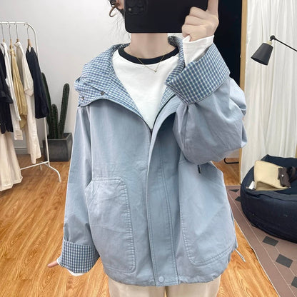 Autumn design sense large pocket pure cotton loose jacket women's assault jacket 2025 new hooded loose jacket