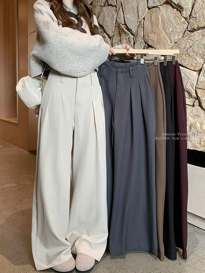 Kumikumi's relaxed style high-waisted loose-fitting suit pants for women, perfect for autumn and winter, slimming, casual, wide-leg, floor-length.